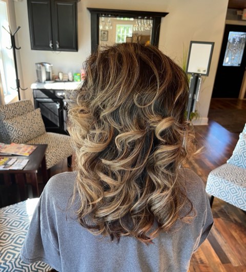 Back view of shoulder-length brunette hair with golden-blonde ribbons, styled in big, bouncy curls.