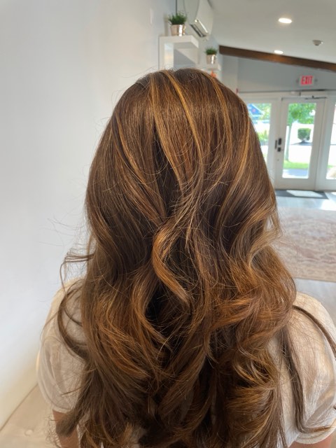 Back view of the same brunette blowout with soft caramel dimension.